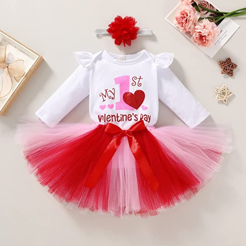 My 1st Valentine's Day Outfit Ruffle Romper+Tutu Skirt + Headband 12-18m